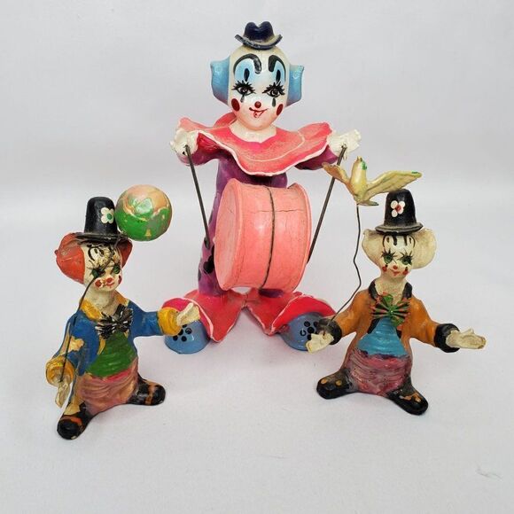 Vintage Creepy Scary Dirty Halloween Clown Figurines Paper Mache Nightmare Fuel - Picture 1 of 10